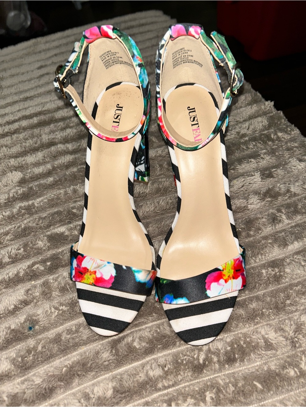 JustFab Black & Multi Floral Stripe Ankle-Strap Heels